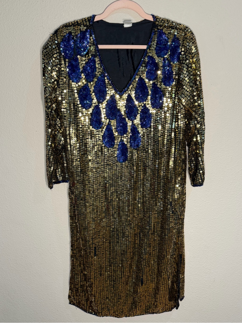 Vintage Silk Gold Sequin V-Neck Dress with Blue Embellishment